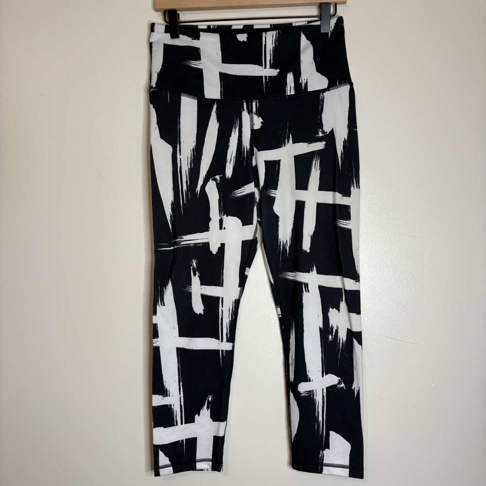 Lucy Black White Brush Stroke Print High Waist Athletic Leggings Women's M